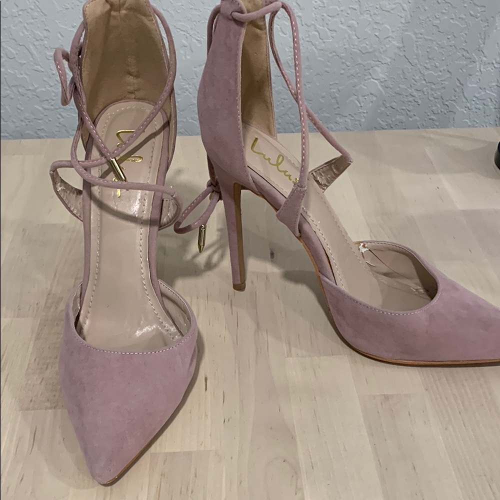 Lulu's Blush Pink Suede Lace-Up Pointed Toe Heels